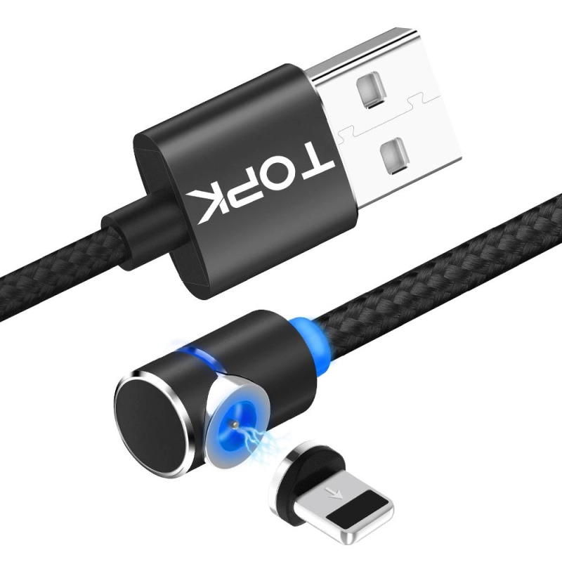 Cablu de incarcare magnetic LED 1m TOPK 2.4A USB unghi 90 grade rotatie 360 Apple iPhone iPad, negru