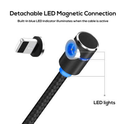 Cablu de incarcare magnetic LED 1m TOPK 2.4A USB unghi 90 grade rotatie 360 Apple iPhone iPad, negru