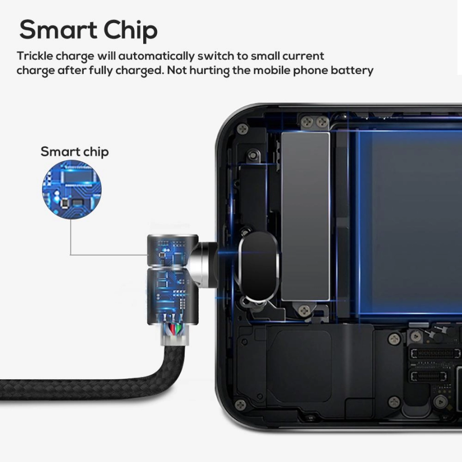 Cablu de incarcare magnetic LED 1m TOPK 2.4A USB unghi 90 grade rotatie 360 Apple iPhone iPad, negru