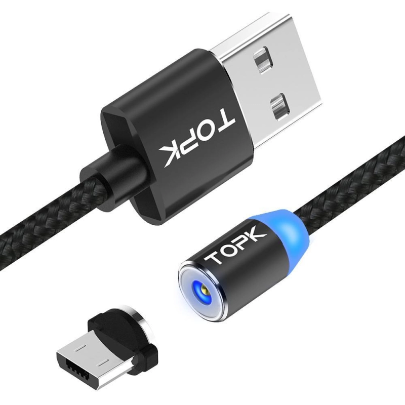 Cablu magnetic incarcare telefon, TOPK, LED, 1m, 2.4A USB Micro USB, rotatie 360, compatibil cu majoritatea telefoanelor, negru