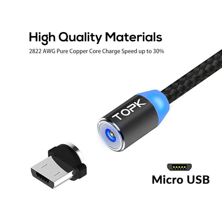 Cablu magnetic incarcare telefon, TOPK, LED, 1m, 2.4A USB Micro USB, rotatie 360, compatibil cu majoritatea telefoanelor, negru