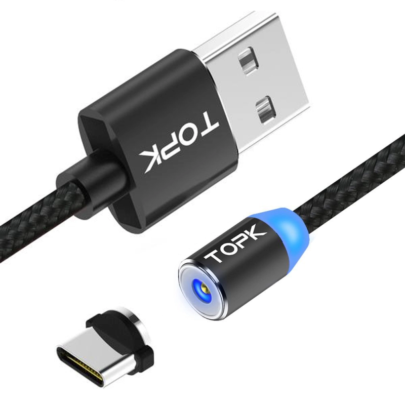 Cablu de incarcare magnetic, TOPK, LED, 1m, 2.4A USB Type-C USB-C, rotatie 360, compatibil cu telefoane mobile, negru