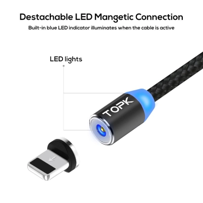 Cablu magnetic incarcare telefon, TOPK, LED 1m, 2.4A USB, rotatie 360, compatibil cu iPhone sau iPad, negru