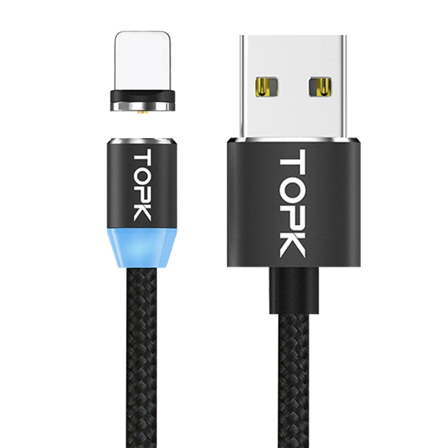 Cablu magnetic incarcare telefon, TOPK, LED 1m, 2.4A USB, rotatie 360, compatibil cu iPhone sau iPad, negru
