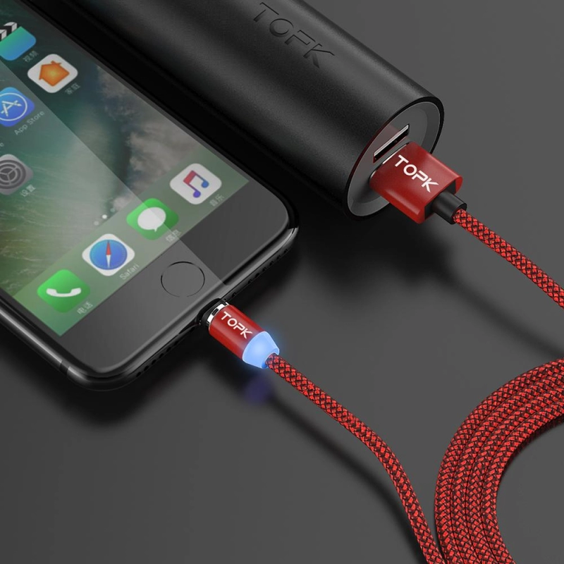 Cablu de incarcare magnetic, TOPK, LED 1m 2.4A USB Micro USB rotatie 360 compatibil cu majoritatea telefoanelor mobile, rosu
