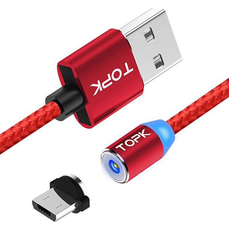 Cablu de incarcare magnetic, TOPK, LED 1m 2.4A USB Micro USB rotatie 360 compatibil cu majoritatea telefoanelor mobile, rosu