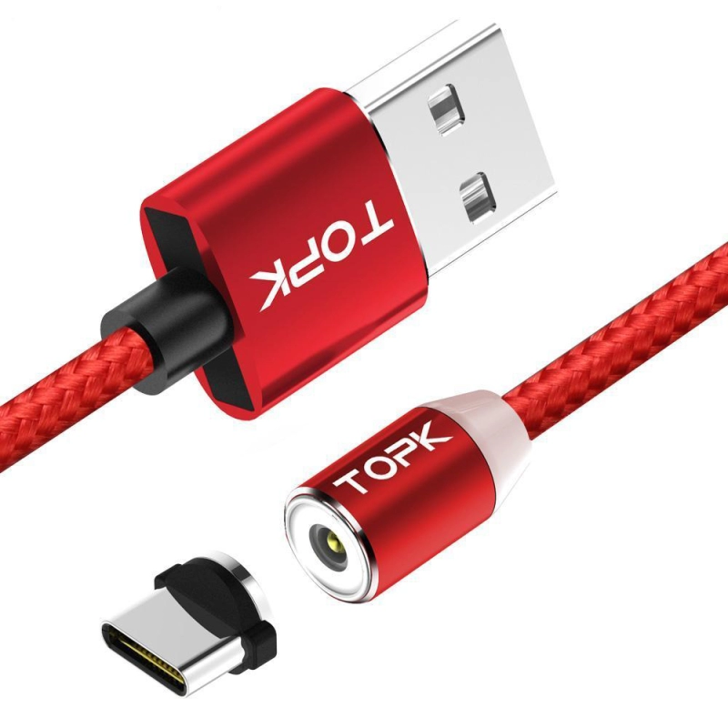 Cablu magnetic incarcare telefon, TOPK, LED, 1m 2.4A USB Type-C USB-C 360, compatibil cu majoritatea telefoanelor mobile, rosu