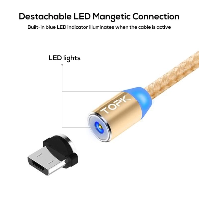 Cablu magnetic incarcare telefon, TOPK, LED 1m, 2.4A USB Micro USB 360, compatibil cu majoritatea telefoanelor mobile, gold