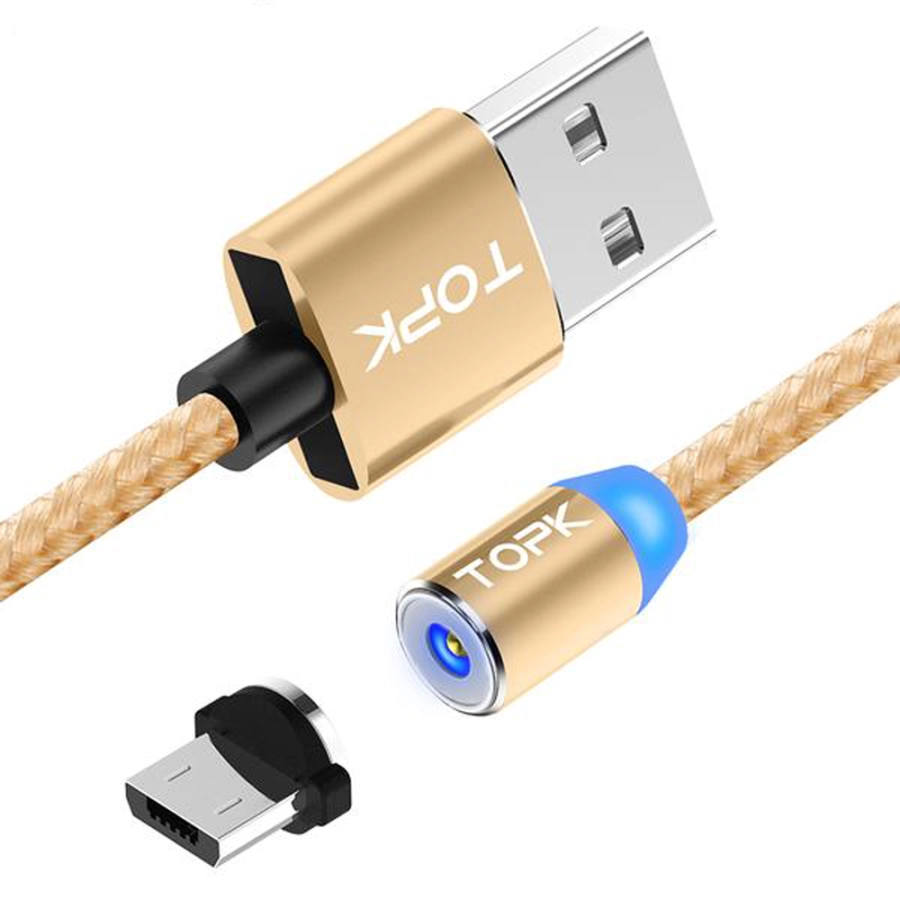Cablu magnetic incarcare telefon, TOPK, LED 1m, 2.4A USB Micro USB 360, compatibil cu majoritatea telefoanelor mobile, gold