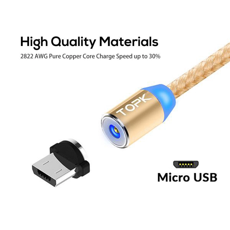 Cablu magnetic incarcare telefon, TOPK, LED 1m, 2.4A USB Micro USB 360, compatibil cu majoritatea telefoanelor mobile, gold