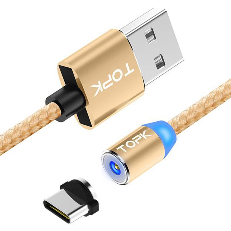 Cablu magnetic incarcare telefon, TOPK, LED 1m, 2.4A USB Type-C USB-C rotatie 360, compatibil cu majoritatea telefoanelor, gold