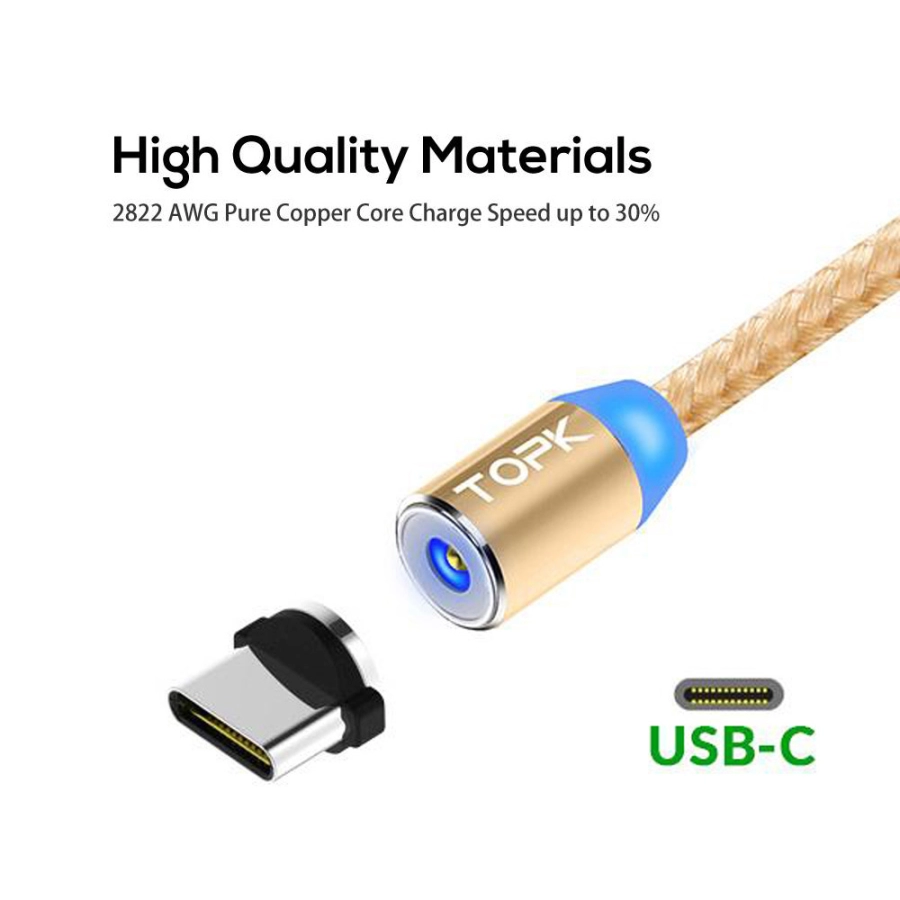 Cablu magnetic incarcare telefon, TOPK, LED 1m, 2.4A USB Type-C USB-C rotatie 360, compatibil cu majoritatea telefoanelor, gold