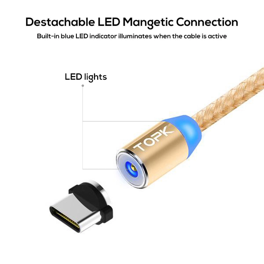 Cablu magnetic incarcare telefon, TOPK, LED 1m, 2.4A USB Type-C USB-C rotatie 360, compatibil cu majoritatea telefoanelor, gold
