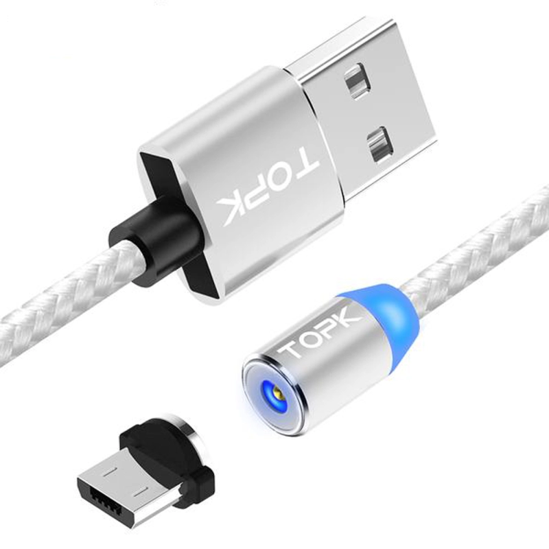 Cablu de incarcare magnetic LED 1m, TOPK, 2.4A USB Micro USB rotatie 360, compatibil cu majoritatea telefoanelor, argintiu / gri