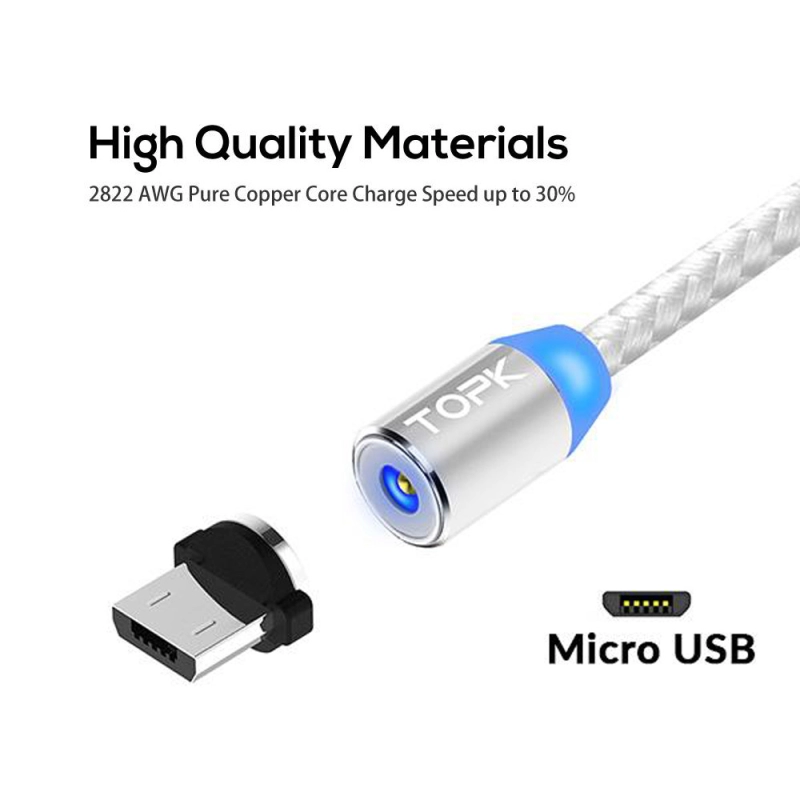 Cablu de incarcare magnetic, TOPK, LED, 1m 2.4A USB Micro USB rotatie 360, compatibil cu majoritatea telefoanelor, argintiu/gri