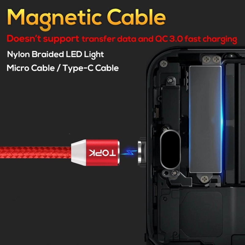 Cablu de incarcare magnetic, TOPK, LED, 1m 2.4A USB Micro USB rotatie 360, compatibil cu majoritatea telefoanelor, argintiu/gri
