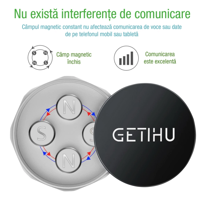 Suport auto Getihu cu magnet pentru telefoane mobile si tablete pana in 7 inch, Negru