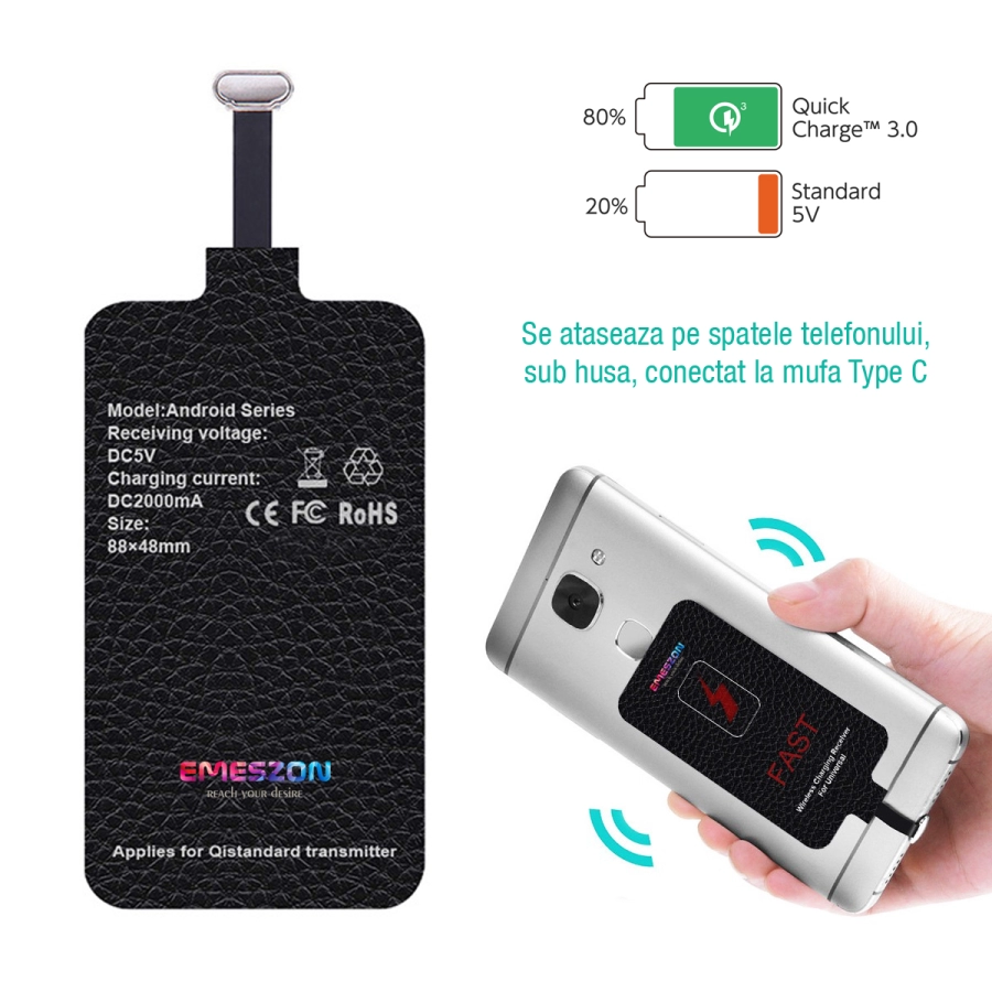 Incarcator Wireless, Emeszon®, 10W, 2A, Quick Charge 3.0, Receiver Wireless Type C, USB C, incarcare rapida telefoane, negru