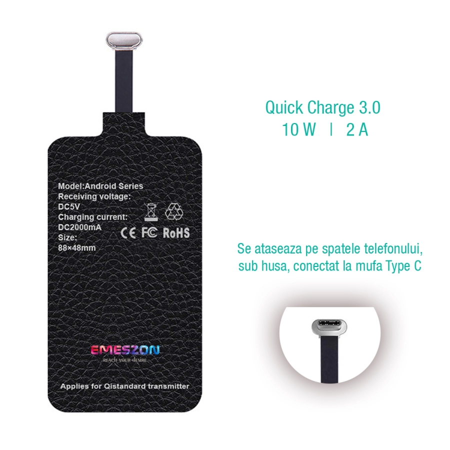 Incarcator Wireless, Emeszon®, 10W, 2A, Quick Charge 3.0, Receiver Wireless Type C, USB C, incarcare rapida telefoane, negru