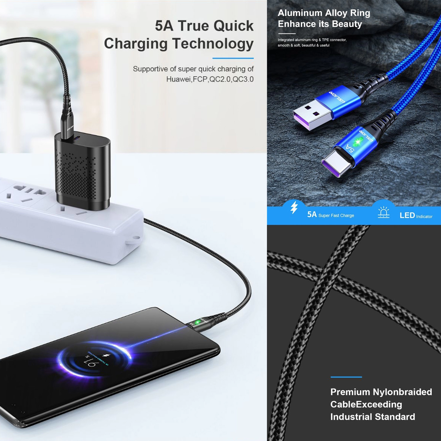 Cablu flexibil incarcare 5A Type C LED, Uslion, transfer date si incarcare rapida telefon, 1m, USB C, Quick Charge 3.0, negru