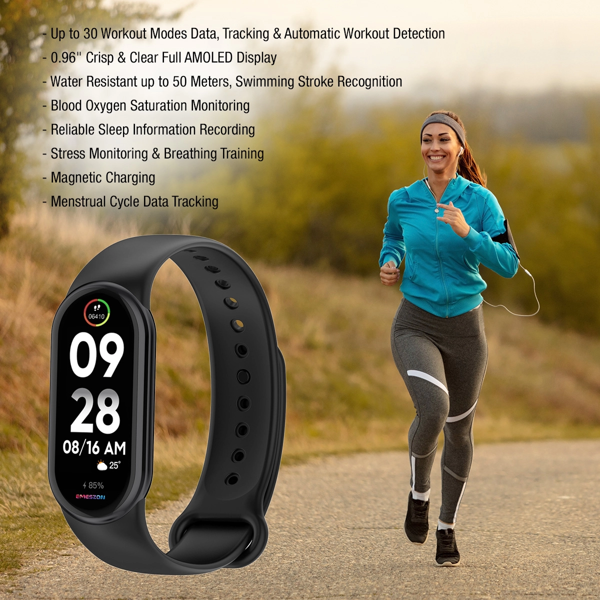 Bratara Smart Fitness Tracker, Emeszon®, Oximetru, Pedometru, Cardio, Calorii, Apeluri, Mesaje, M8 + Bonus Curea Albastra, negru