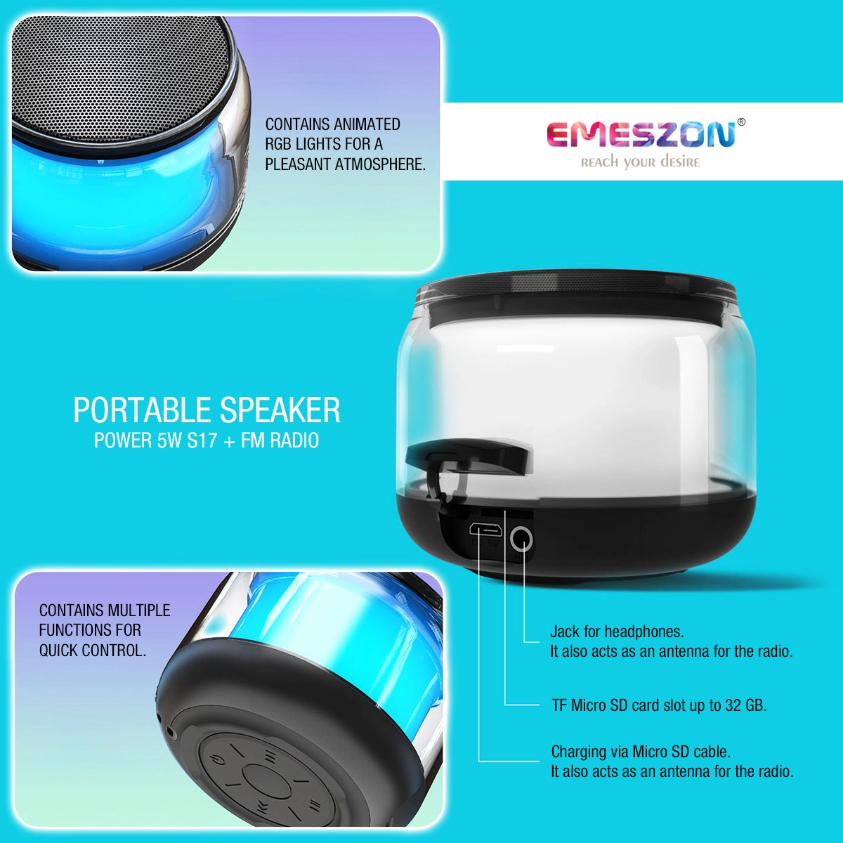 Boxa portabila cu Radio FM RGB 360 S17 LED, Emeszon®, Sunet 5W, Bluetooth 5.1, IPX6, Micro USB, Slot card Micro SD, Jack, negru