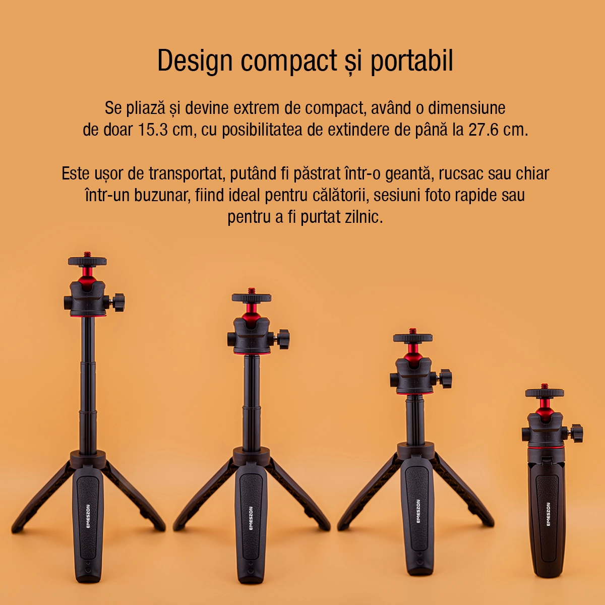 Trepied mini TM-02 EMESZON®, Filet 1/4 inch, Cap metalic rotativ 360°, Coldshoe, Selfie stick si Trepied pentru camere Foto Video si Telefoane, ideal pentru Fotografie, Videografie, Vloging, Live si Timelapse, negru