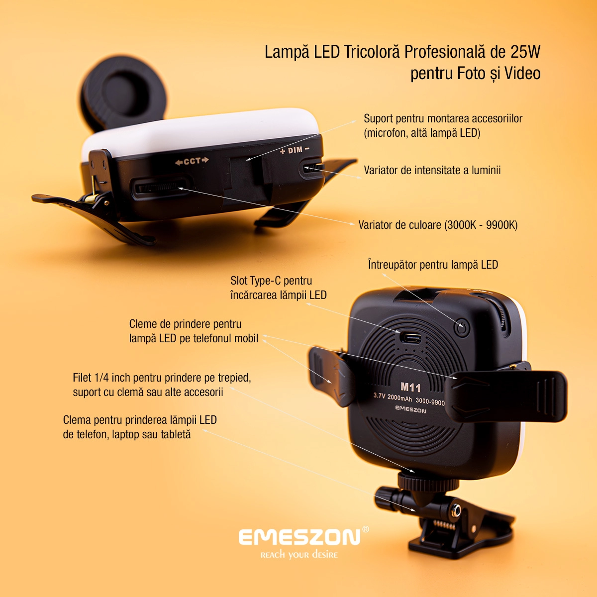 Lampa Selfie LED Tricolora Profesionala si Portabila, EMESZON® M11, putere 25W, pentru Foto si Video Telefon, Camere Mirrorless, DSLR, Laptop sau Tableta, Incarcare prin Type-C, Temperatura culoare 3000K - 9900K, Acumulator 2000 mAh, negru