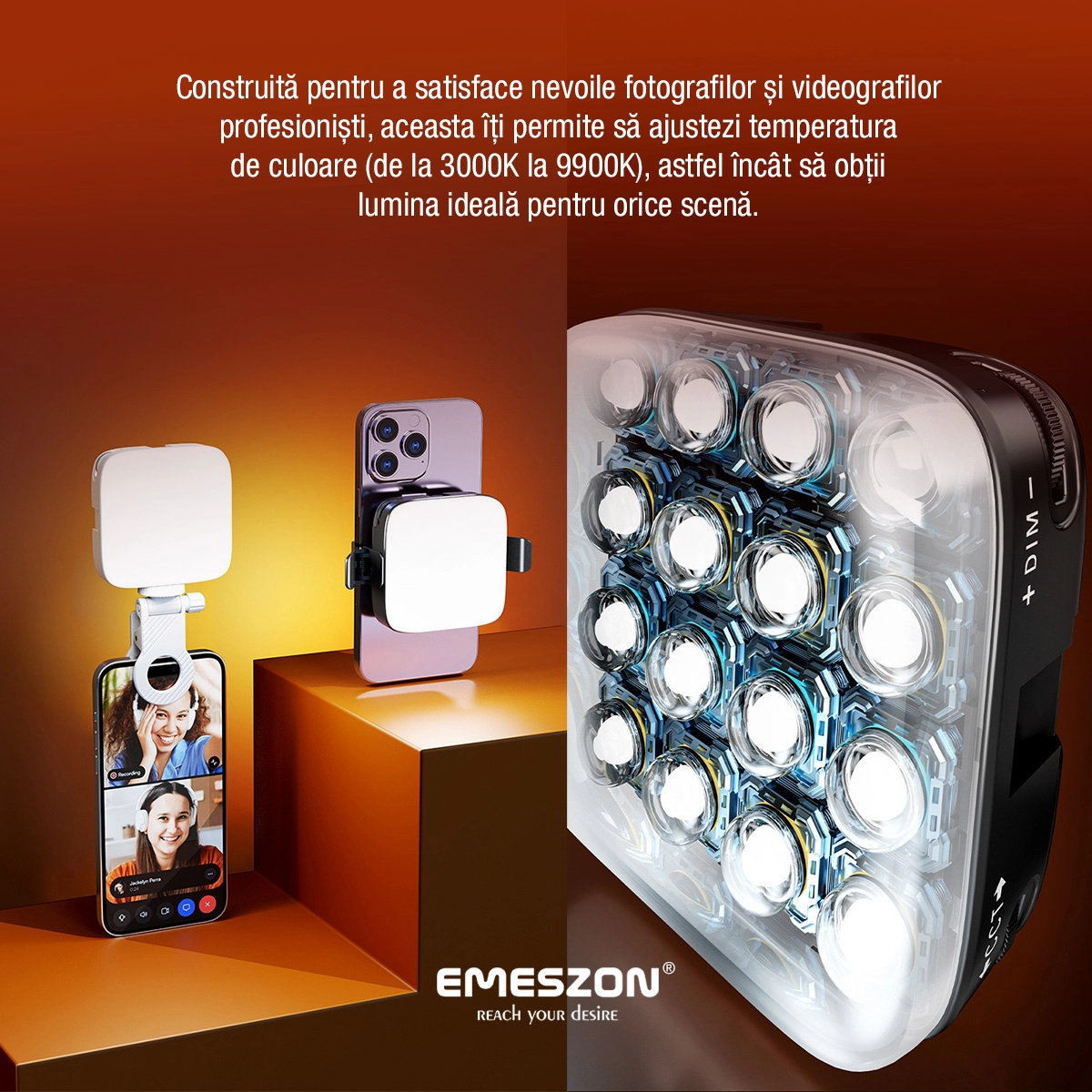 Lampa Selfie LED Tricolora Profesionala si Portabila, EMESZON® M11, putere 25W, pentru Foto si Video Telefon, Camere Mirrorless, DSLR, Laptop sau Tableta, Incarcare prin Type-C, Temperatura culoare 3000K - 9900K, Acumulator 2000 mAh, negru
