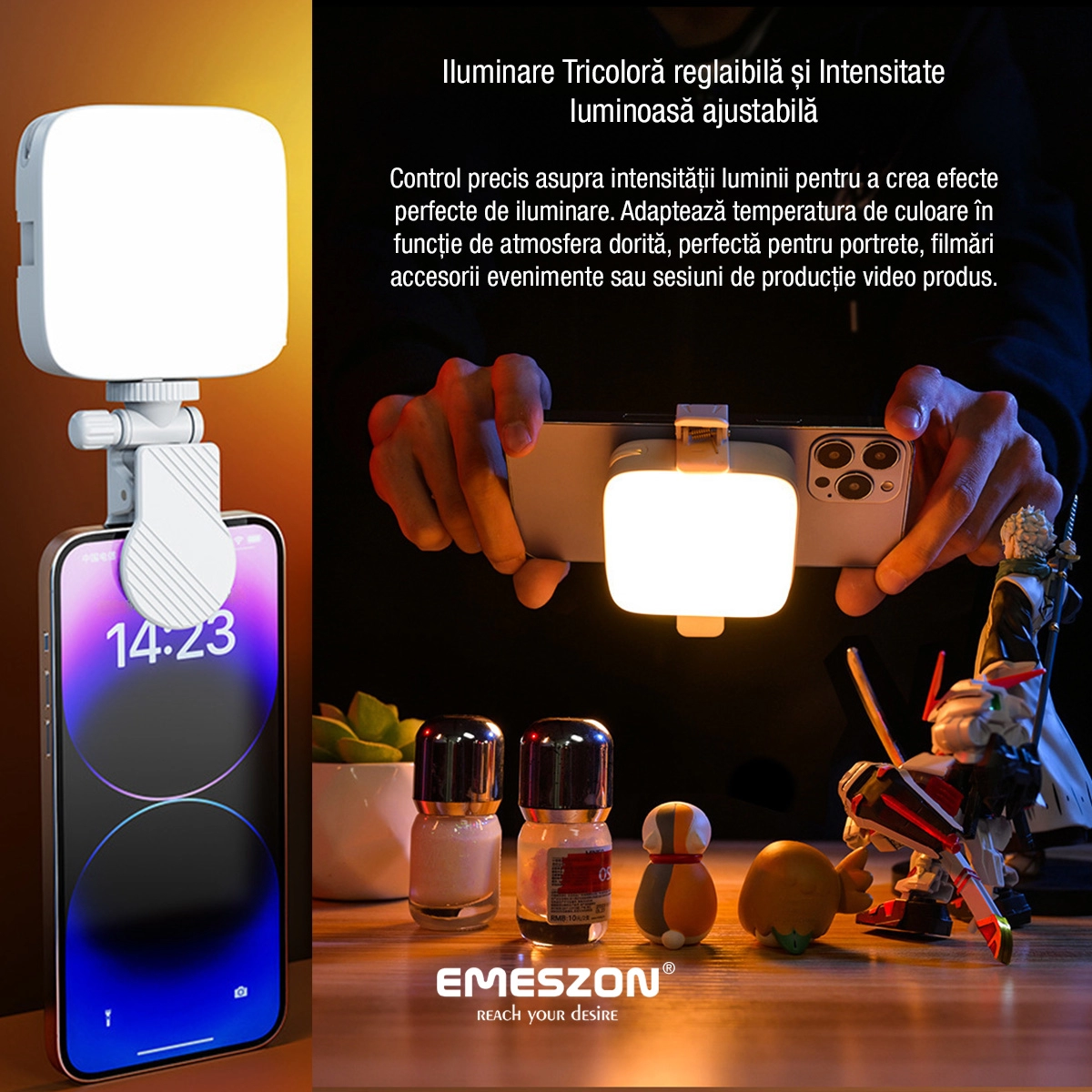 Lampa Selfie LED Tricolora Profesionala si Portabila, EMESZON® M11, putere 25W, pentru Foto si Video Telefon, Camere Mirrorless, DSLR, Laptop sau Tableta, Incarcare prin Type-C, Temperatura culoare 3000K - 9900K, Acumulator 2000 mAh, negru