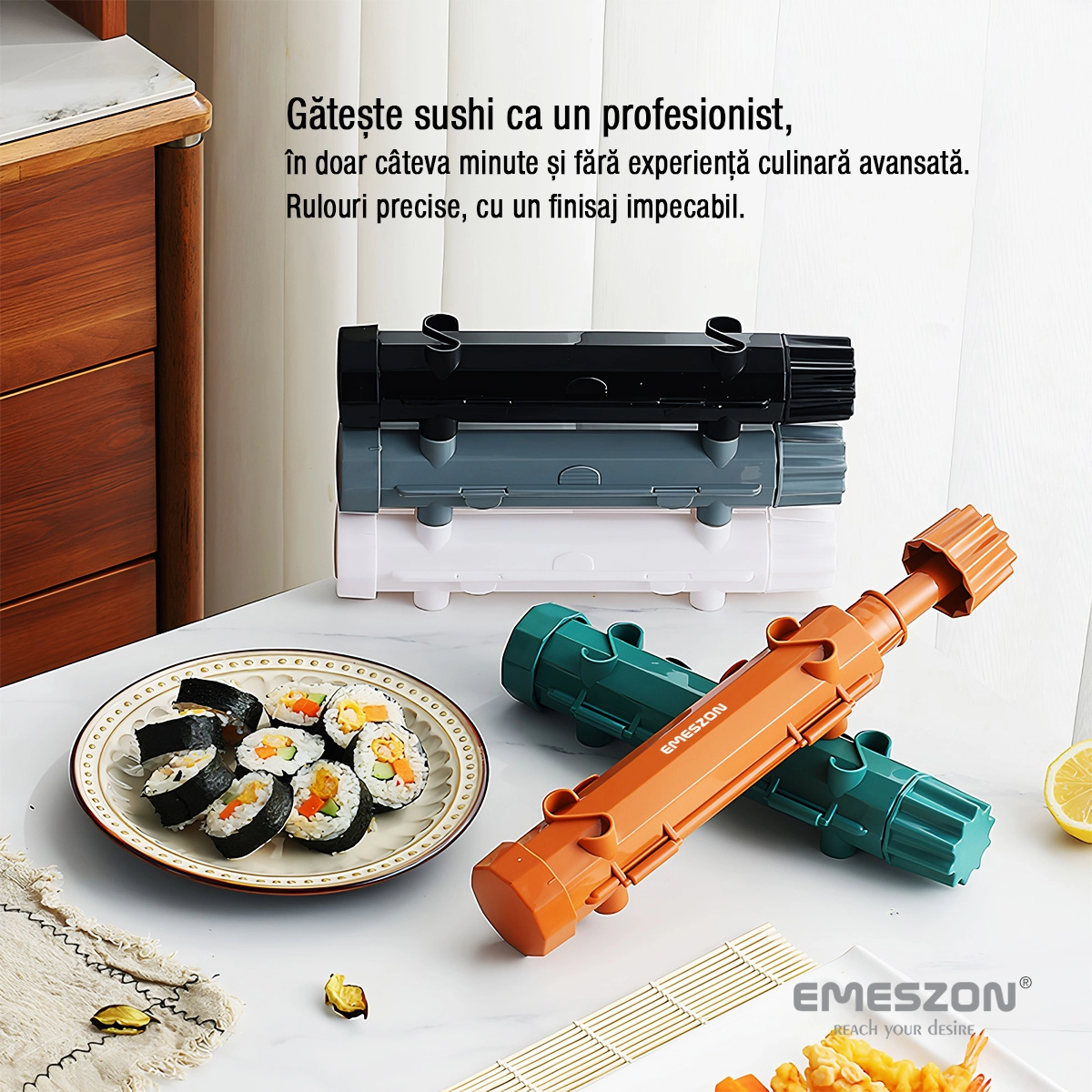 Set complet Sushi Rolls 2, EMESZON®, Aparat manual de rulat Sushi, Kit complet cu forma Sushi si rola bambus, Lavabil in masina de spalat vase, Gadget bucatarie Japoneza, ideal pentru Sushi lovers si pasionatii de bucataria Asiatica, rosu