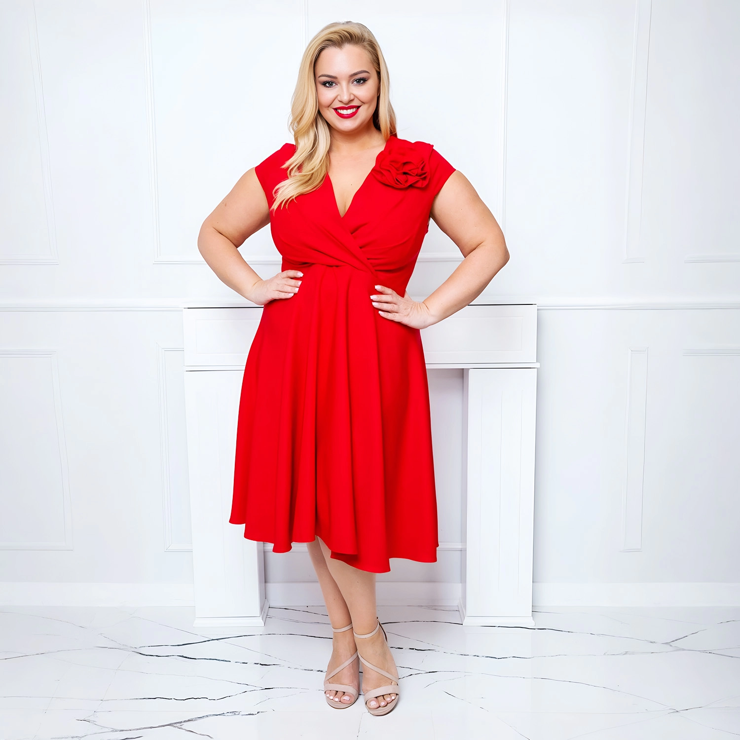 Rochie NINA marime 50 Plus Size, eleganta cu lungime medie, perfecta pentru Nunta, Cununie, Petrecere, Evenimente speciale, NIGLO50, rosu