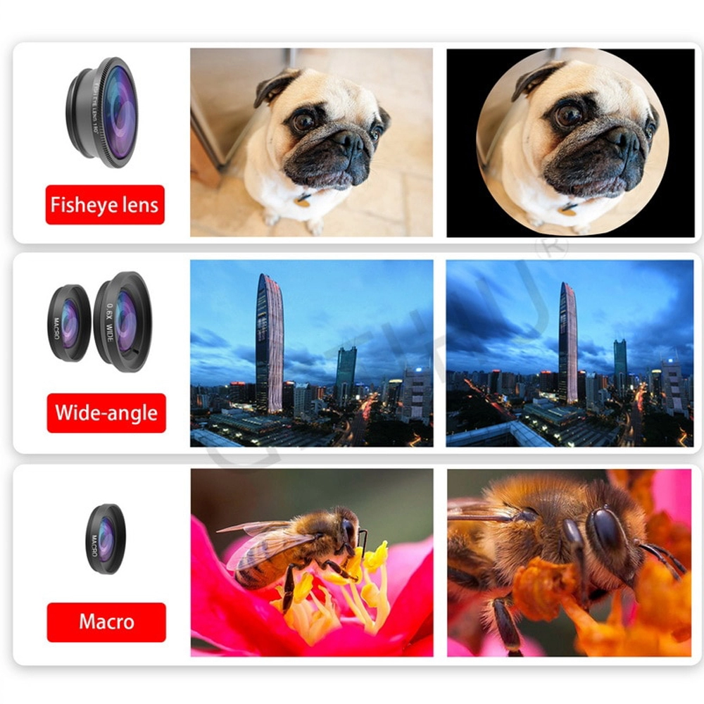 Set kit lentile foto obiectiv universal profesional 3 in 1, Getihu, Wide, Fisheye, Zoom si Macro pentru telefon, tableta, negru