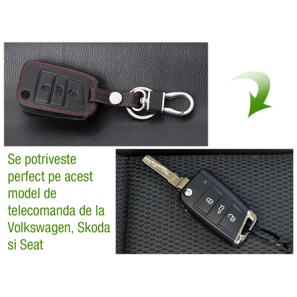 Husa telecomanda auto tip breloc, pentru chei de tip briceag, marca VW, Volkswagen, Skoda sau Seat, din piele ecologica, negru