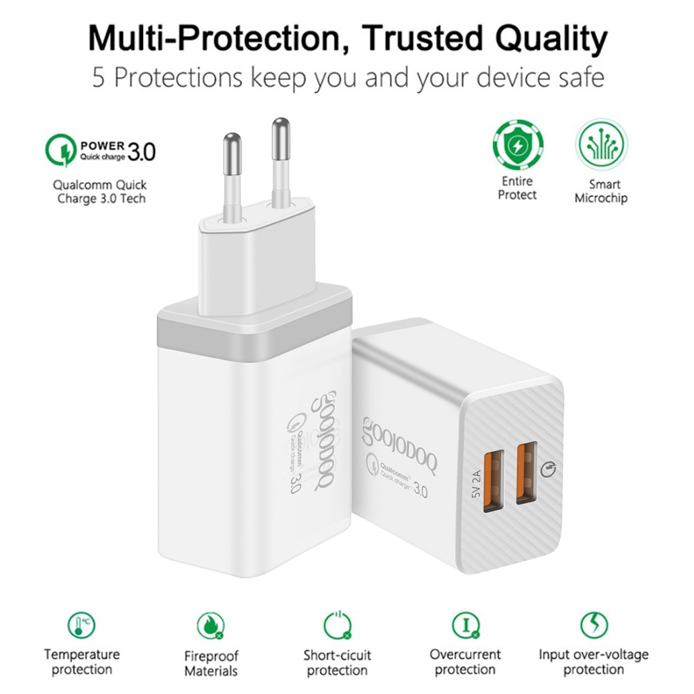 Incarcator retea, Goojodoq, pentru Telefon, Tableta, Gopro, Baterie externa, 2 porturi USB 3A, Qualcomm Quick Charge 3.0, alb